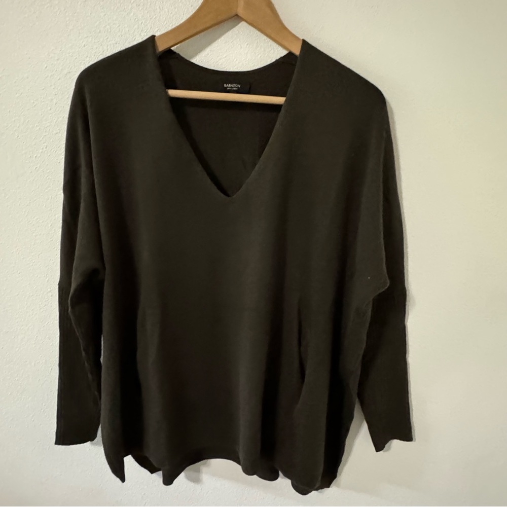 Aritzia Babaton Baylor Sweater Dark Olive Wool Linen Blend V Neck Pockets-XXS/XS